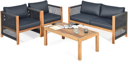 Tangkula Outdoor Wood Furniture Set, Acacia Wood Frame Loveseat Sofa, 2 Single Chairs and Coffee Table - HW63868RE
