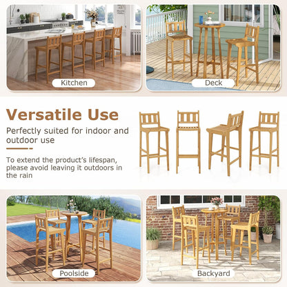 Tangkula Teak Wood Bar Stool, 30” Bar Chair with Footrest & Backrest - 4*JV11896