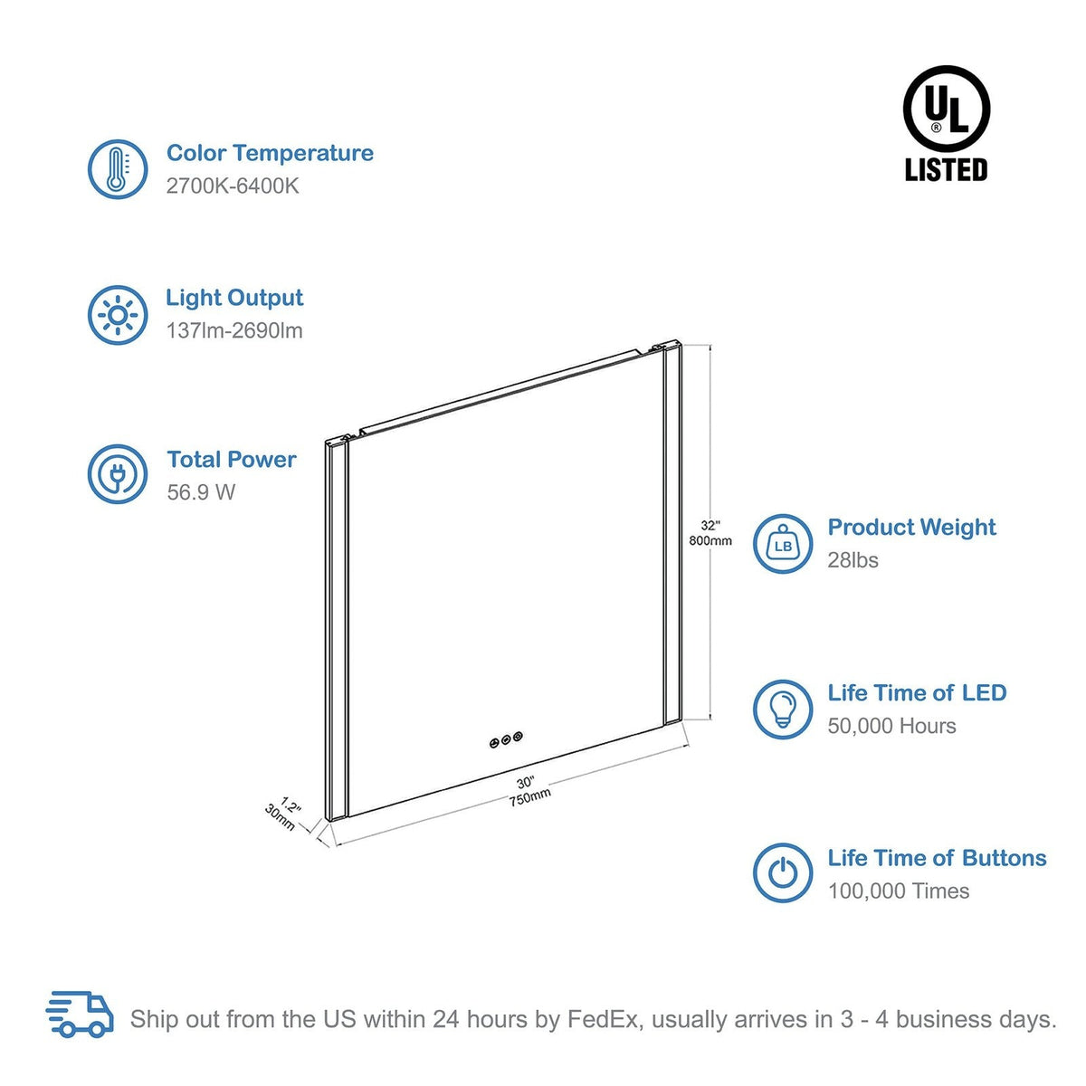 Blossom Binary 30″ LED Mirror - LED M5 3032 CH