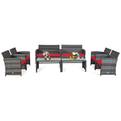 Tangkula 4/8 PCS Wicker Patio Conversation Set, Outdoor Rattan Sofas with Table Set - HW63238WH