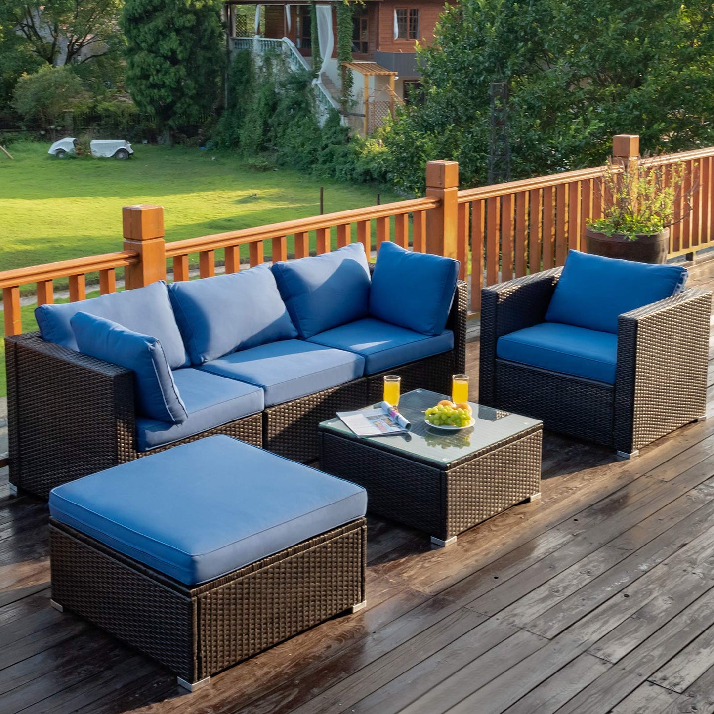 Tangkula 6 Pieces Patio Rattan Sectional Furniture Set, Outdoor Wicker Conversation Set with Glass Coffee Table Sofa Ottoman - HW63877BK+