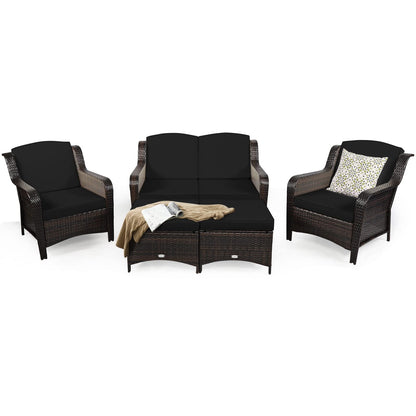 Tangkula 5 Pieces Patio Furniture Set, Outdoor Rattan Conversation Sofa Set with Loveseat - HW67702TU+