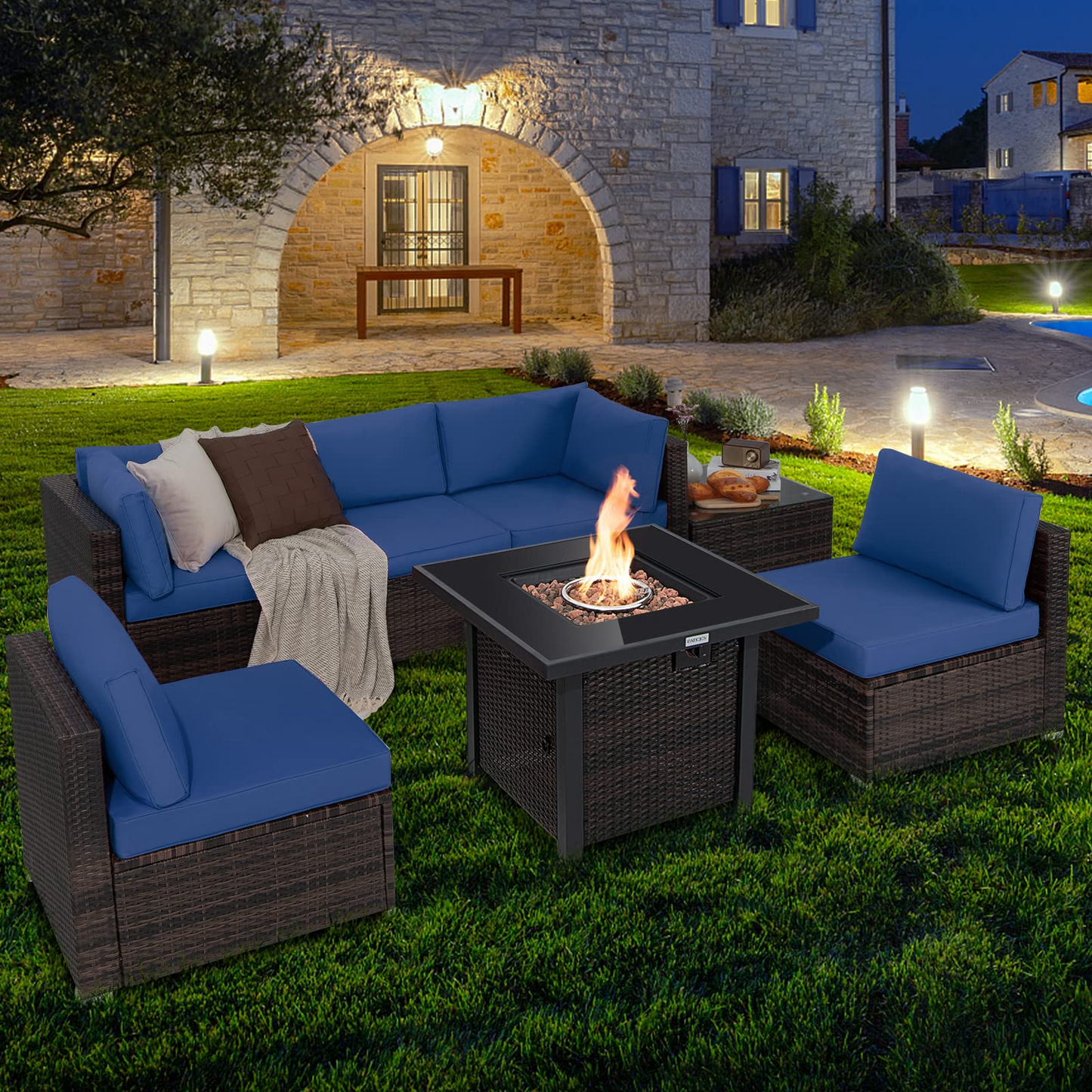 Tangkula 7 Pieces Patio Furniture Set with Fire Pit Table - NP10618CF+HW67937NYA+