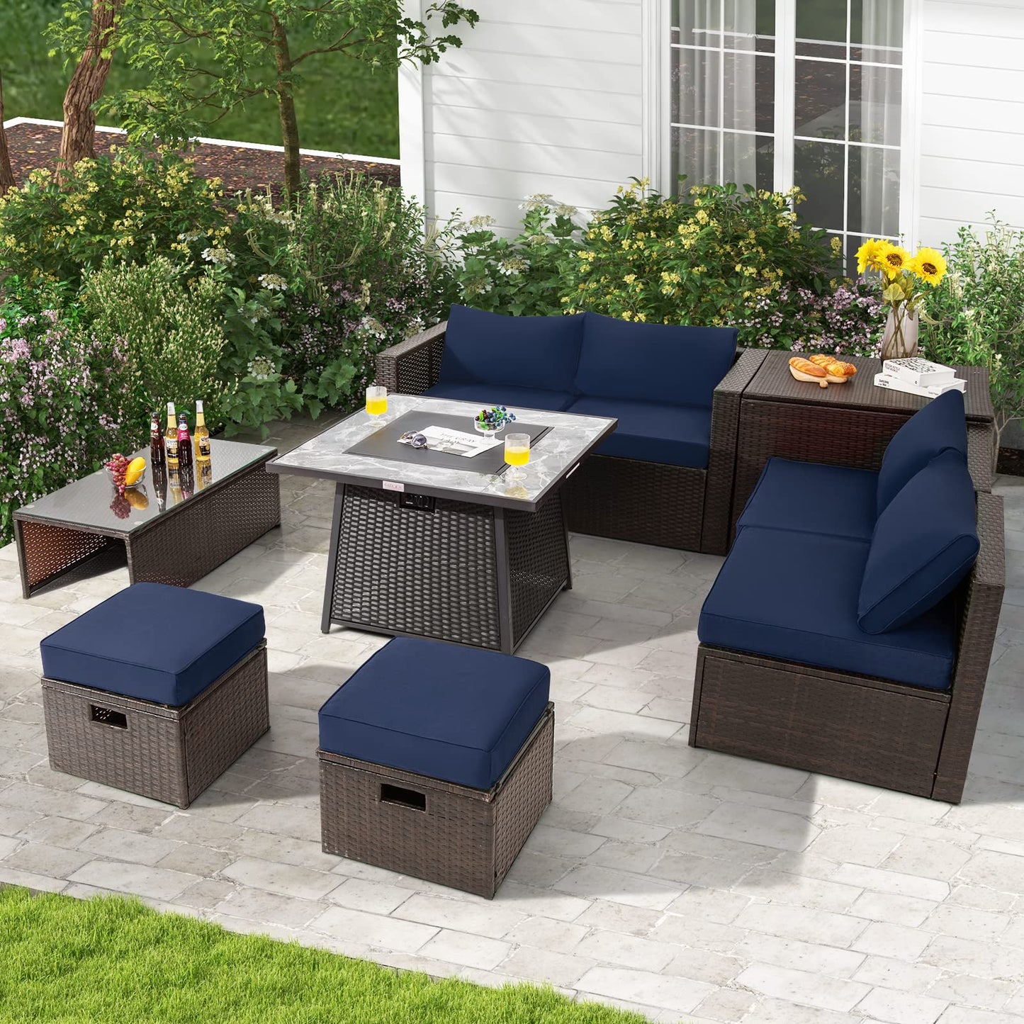 Tangkula 9 Pieces Outdoor Patio Furniture Set with 35-Inch Propane Fire Pit Table - NP10262DK+HW68592DK+