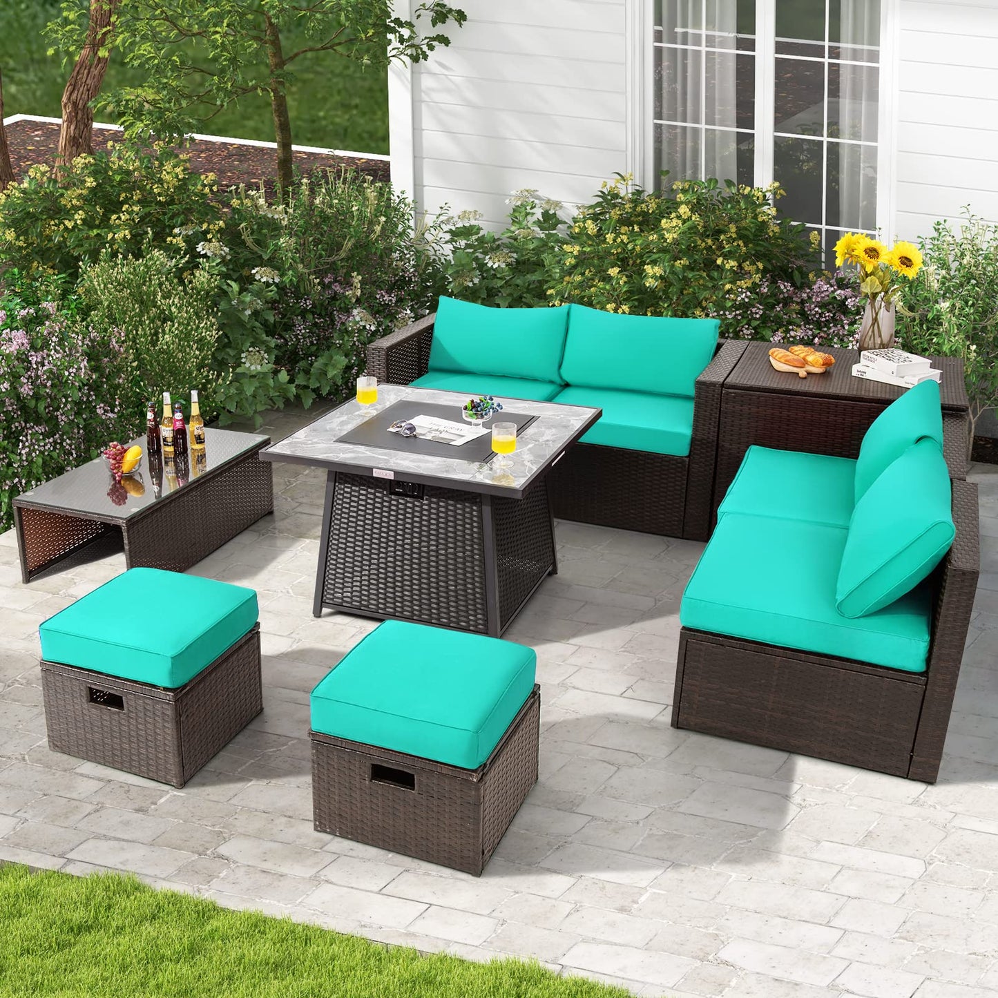 Tangkula 9 Pieces Outdoor Patio Furniture Set with 35-Inch Propane Fire Pit Table - NP10262DK+HW68592DK+
