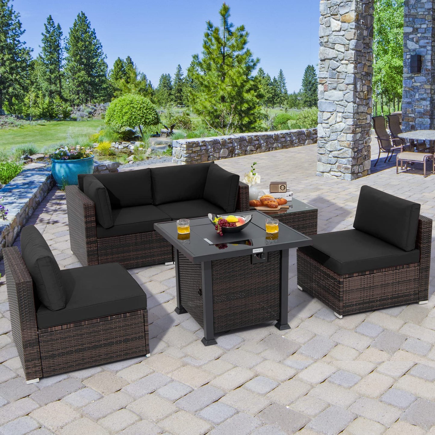 Tangkula 6 Piece Patio Wicker Conversation Set, Outdoor Rattan Sofa Set - NP10618CF+HW68691BDK+