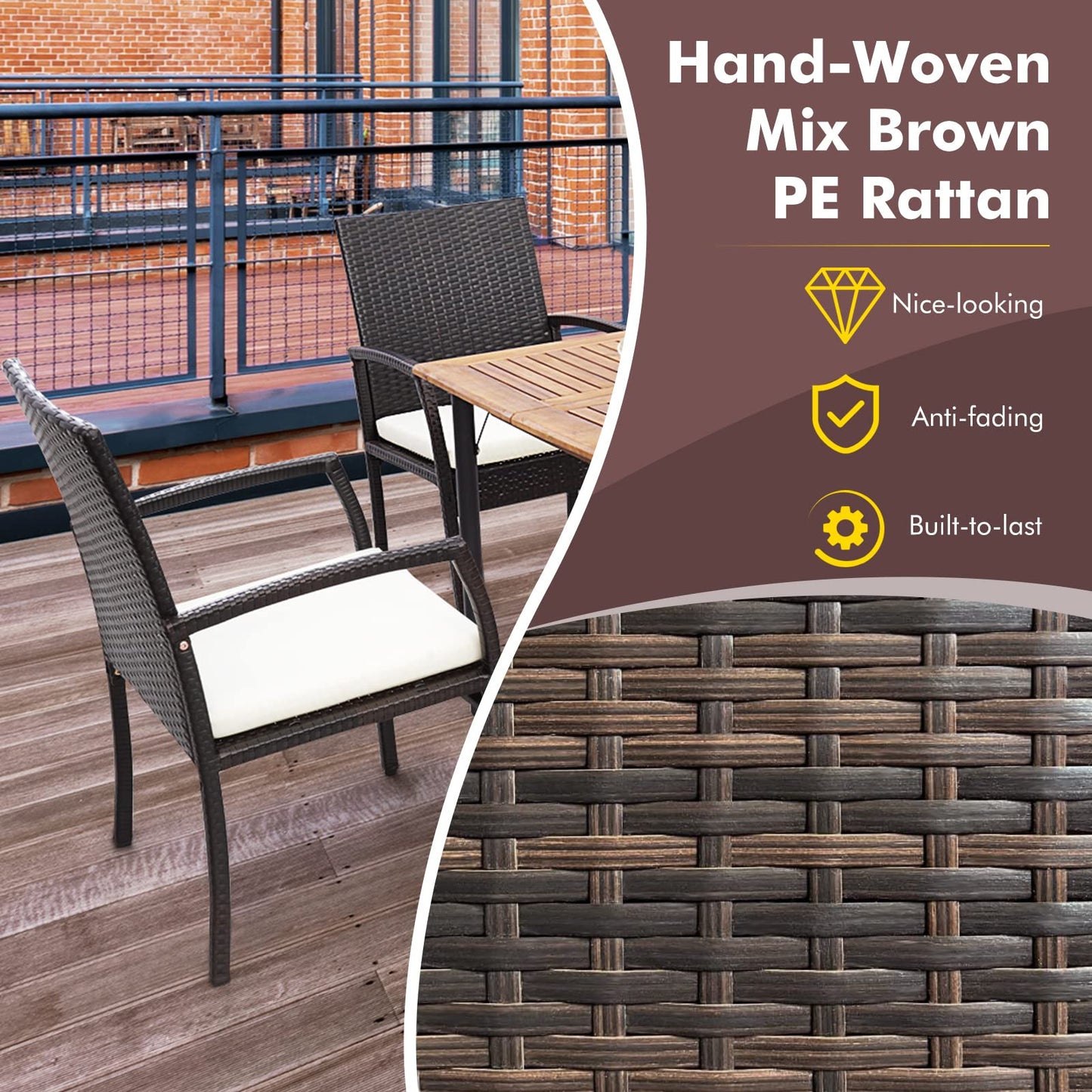 Tangkula Patio Rattan Dining Set, Acacia Wood Tabletop w/Umbrella Hole - HW70830-4+HW70840