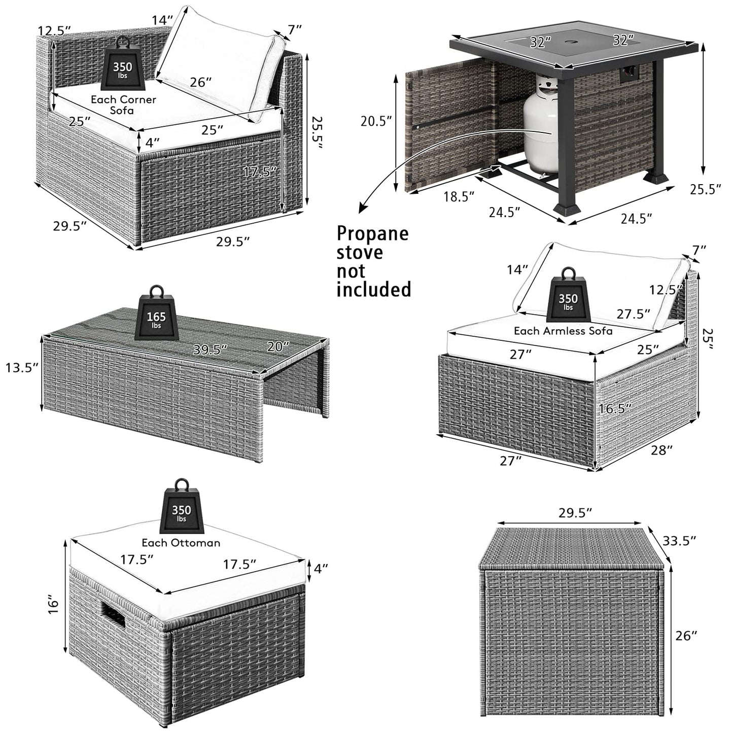 Tangkula 9 Pieces Outdoor Patio Furniture Set with 32-Inch Propane Fire Pit Table - NP10618GR+HW68604DK+