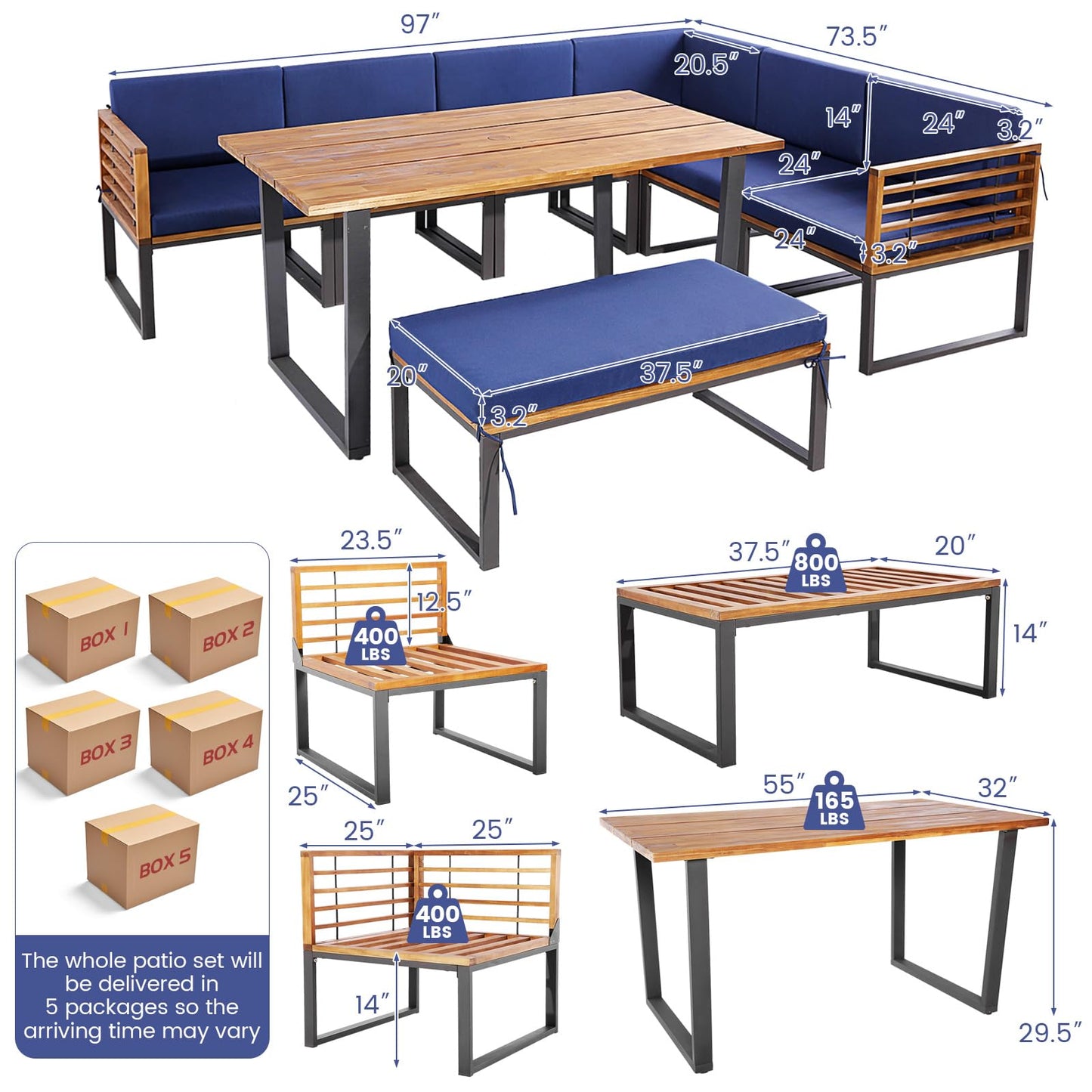Tangkula 8 Piece Patio Dining Set, Acacia Wood Conversation Sofa Set - HW71004NY+