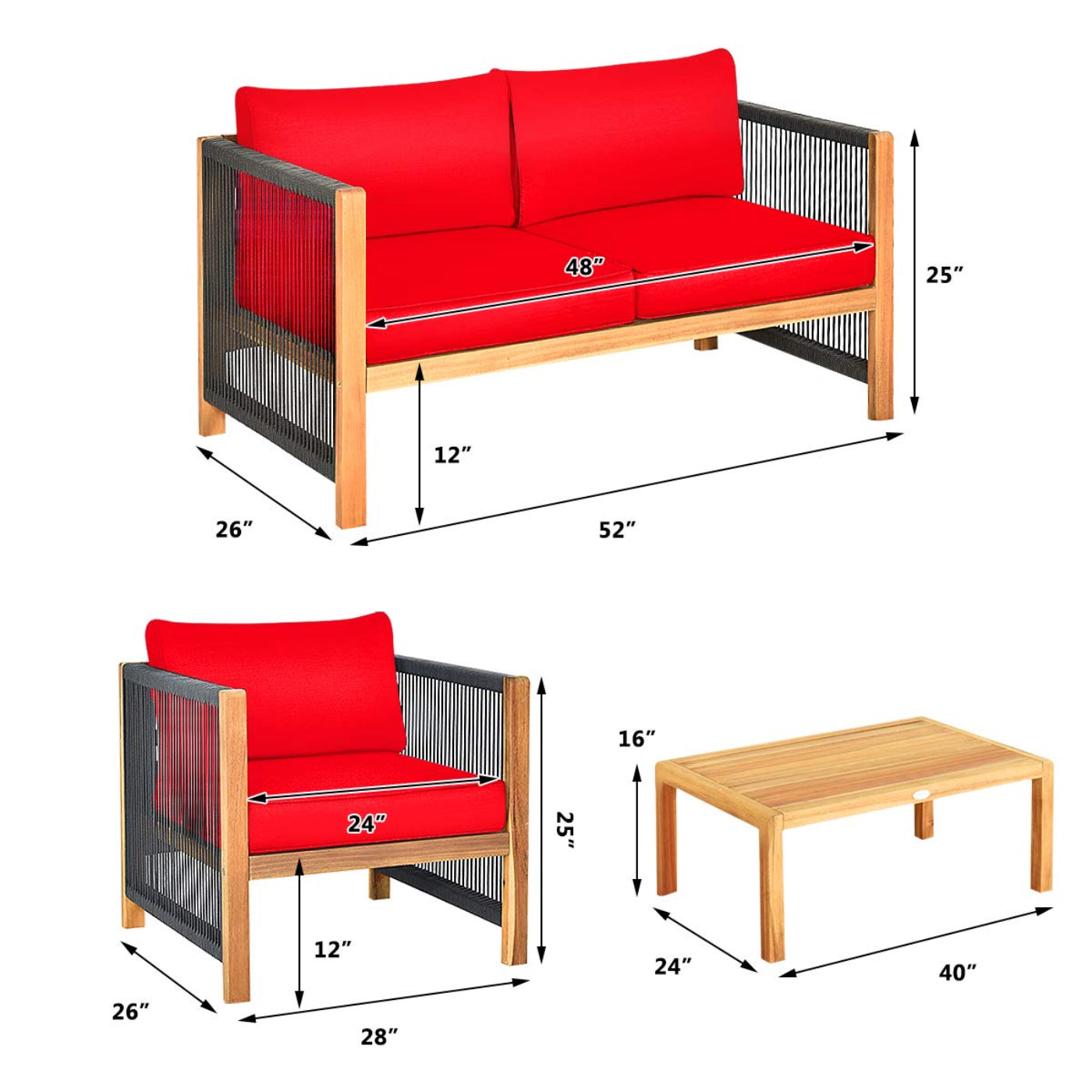 Tangkula Outdoor Wood Furniture Set, Acacia Wood Frame Loveseat Sofa, 2 Single Chairs and Coffee Table - HW63868RE