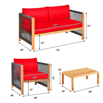 Tangkula Outdoor Wood Furniture Set, Acacia Wood Frame Loveseat Sofa, 2 Single Chairs and Coffee Table - HW63868RE