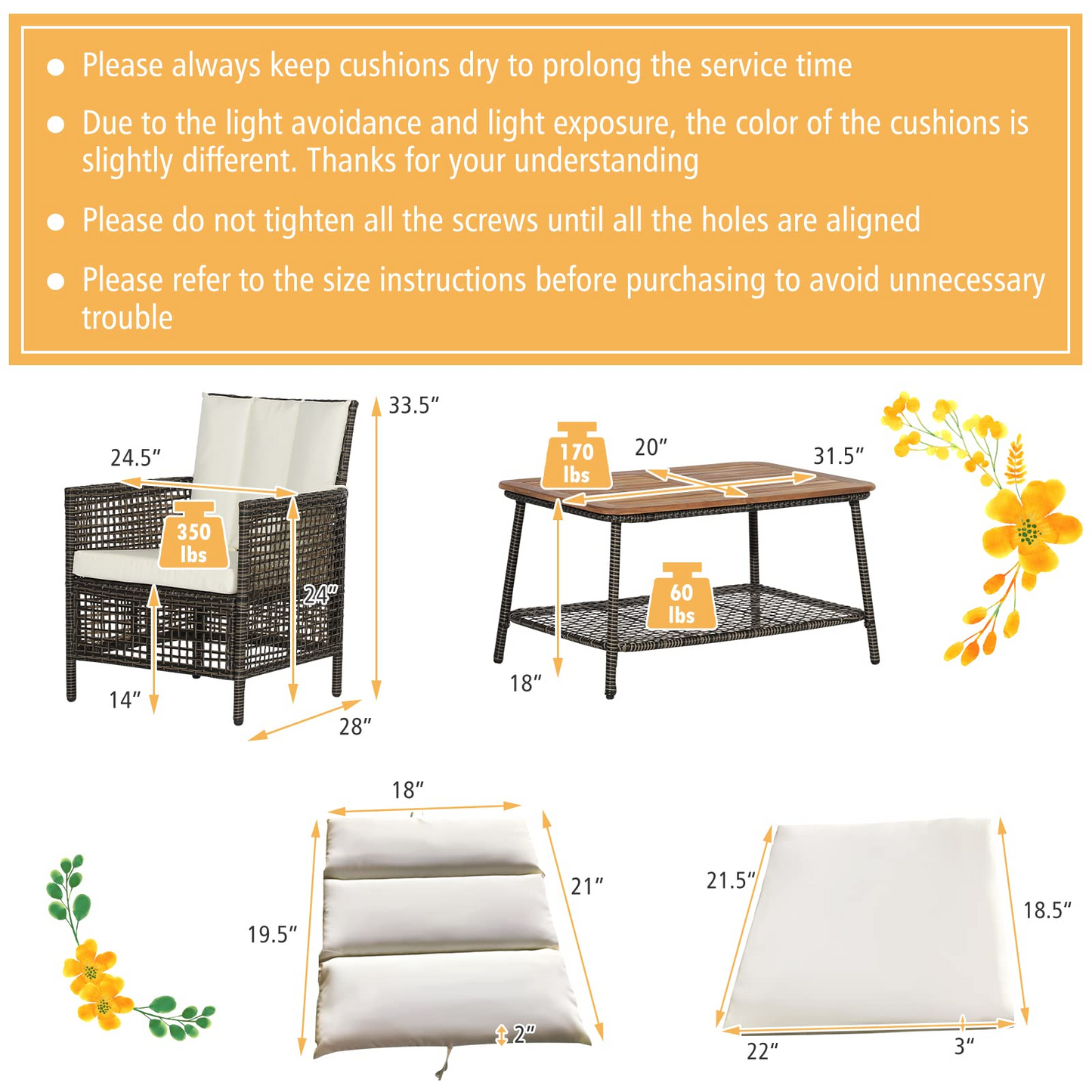 Tangkula Patio Furniture Set with 2-Tier Coffee Table - 2*HW70243WH+