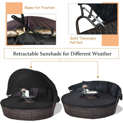 Tangkula Patio Round Daybed with Retractable Canopy, Outdoor Wicker Rattan Furniture Sets - HW63763+