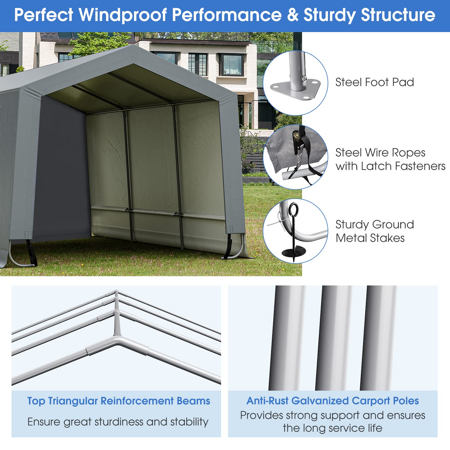 Tangkula 10x16Ft Heavy-Duty Carport, Outdoor Portable Garage with Reinforced Triangular Beams, Galvanized Steel Frame - NP10685GR+