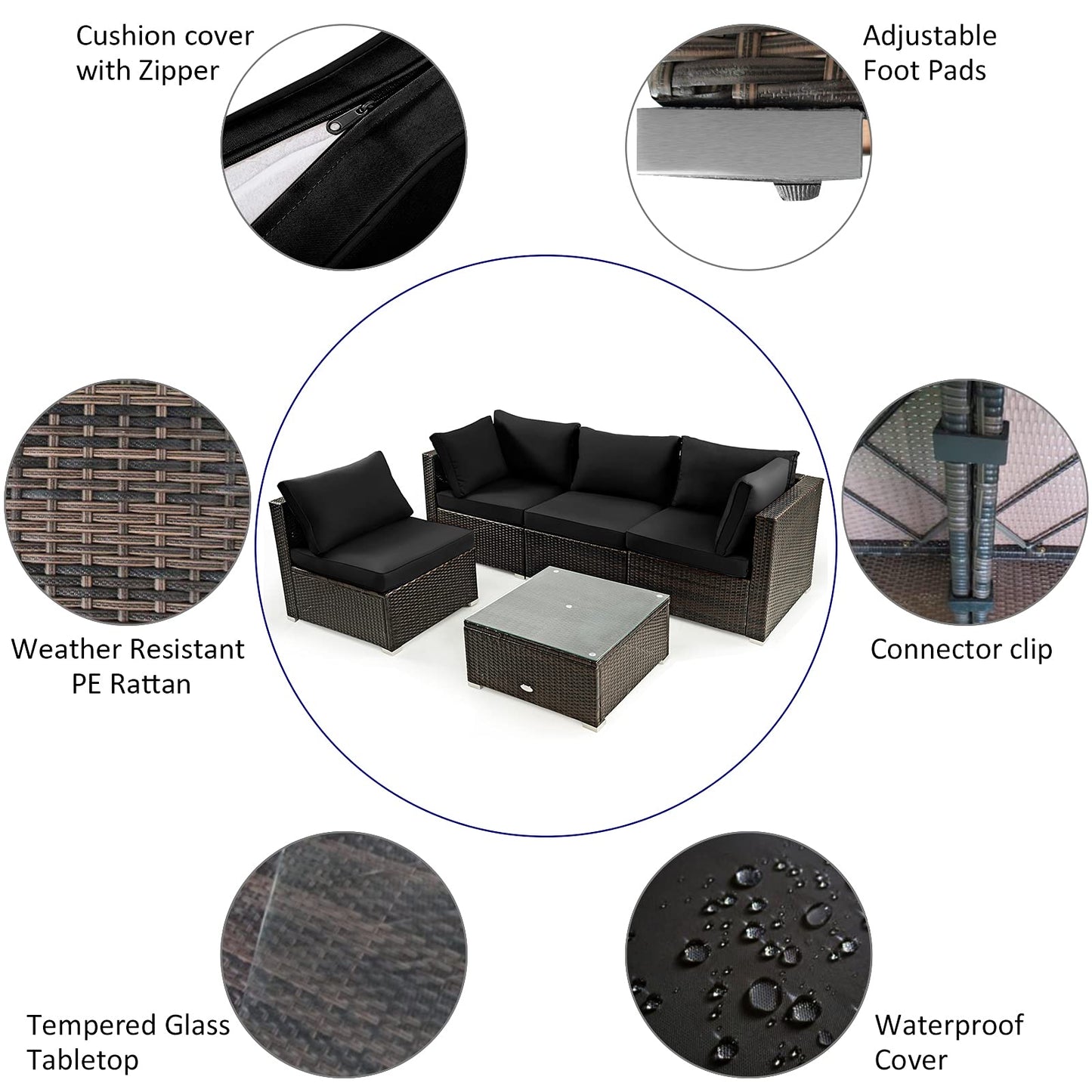 Tangkula 6 Piece Outdoor Rattan Sofa Set with 30in Propane Gas Fire Table - OP70520+HW68691ADK+