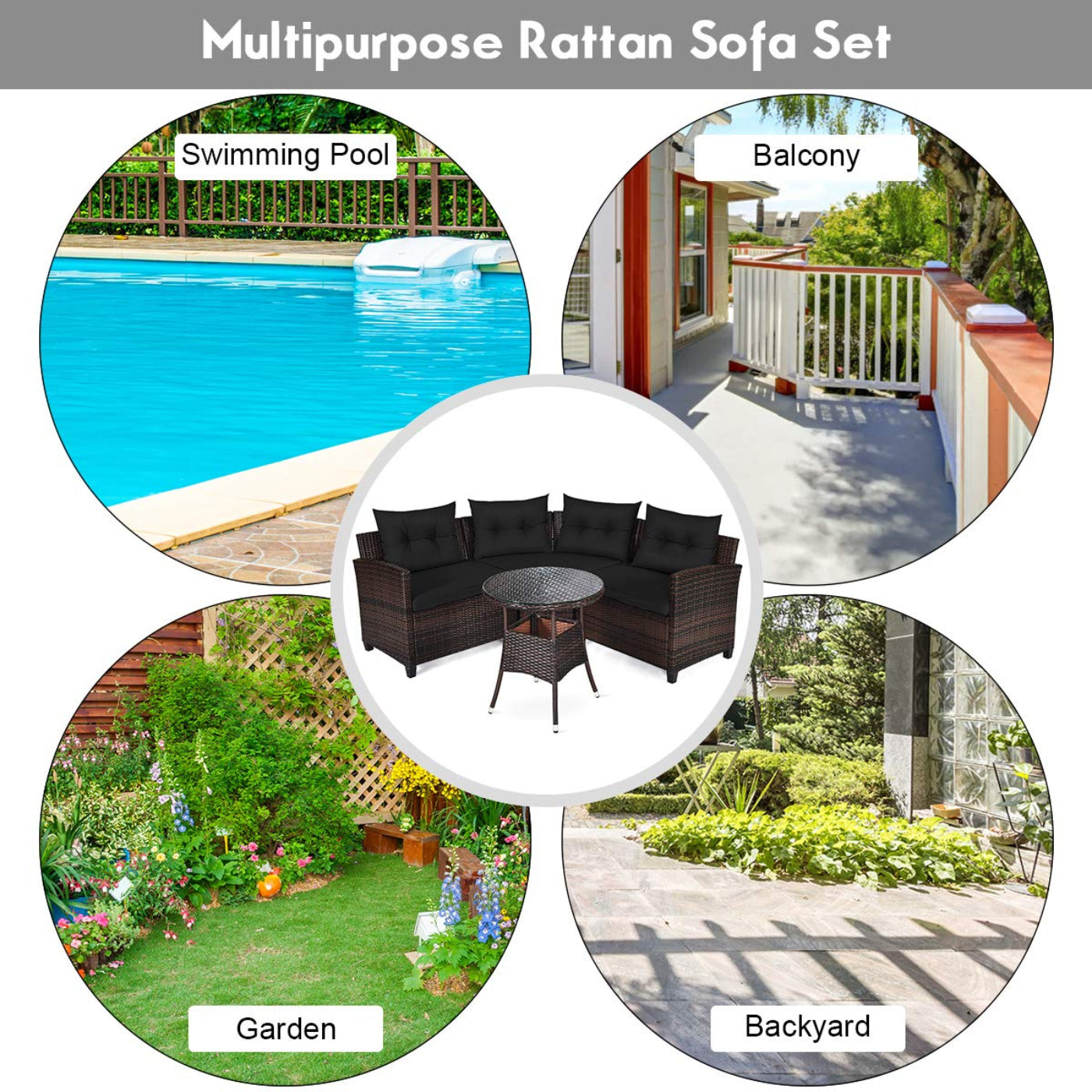 Tangkula 4-Piece Patio Furniture Set, C-Shape Outdoor Wicker Sectional Sofa Set - HW66920BK+