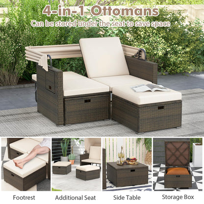 Tangkula Outdoor Patio Rattan Daybed w/Retractable Canopy & Adjustable Backrests - HW72573BN+